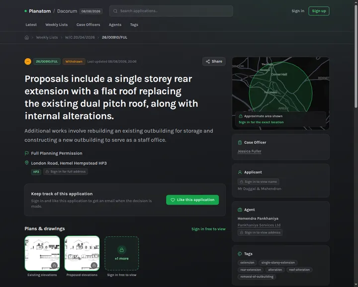 Screenshot of a planning application on Planatom